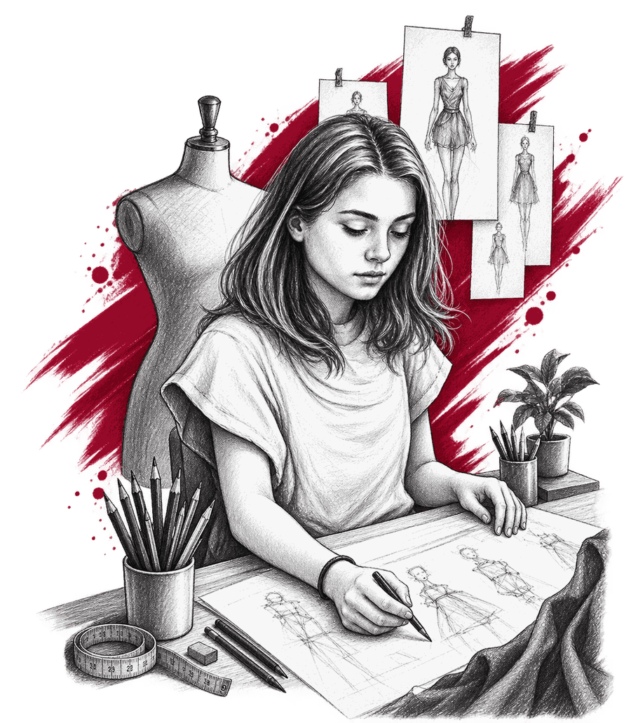 Masasında moda çizimleri yapan Anka Sanat Evi öğrencisi
